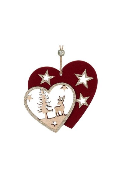 Jumbo Christmas Tree Ornament Double Heart Made of Burgundy Velvety Wood Deer...