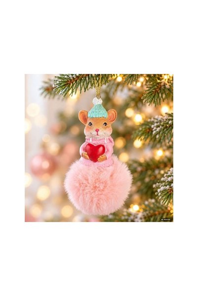 Jumbo Ornament de Brad din Polirasina in Forma de Soricel cu Blana Roz 10cm