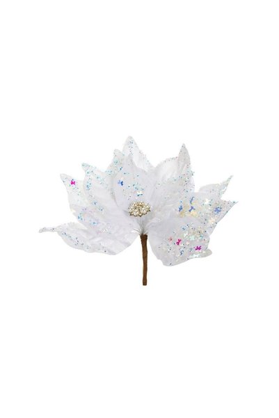 Jumbo Floare Decorativa de Craciun Alba cu Pietre Holografice & Clips 24cm