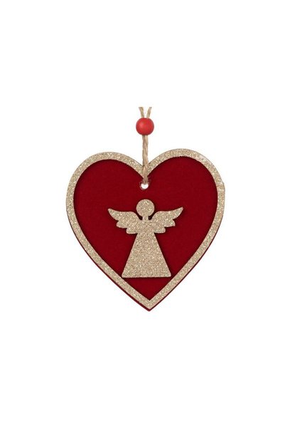 Jumbo Christmas Tree Ornament Wooden Heart Burgundy Velvet Angel with Gold Gl...