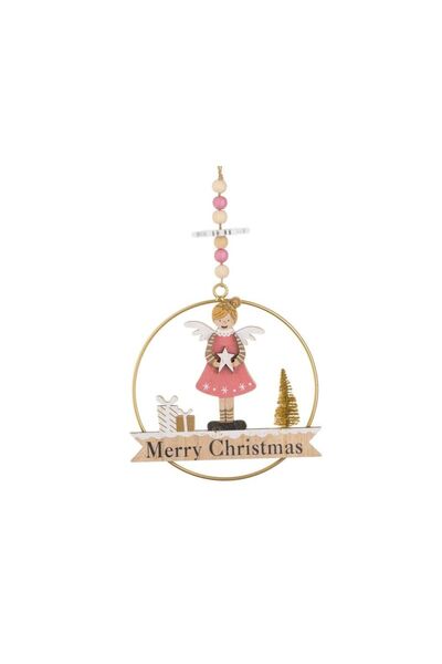 Jumbo Decoratiune Suspendabila din Lemn de Craciun Cercuri cu Ingeras Ø15x24cm