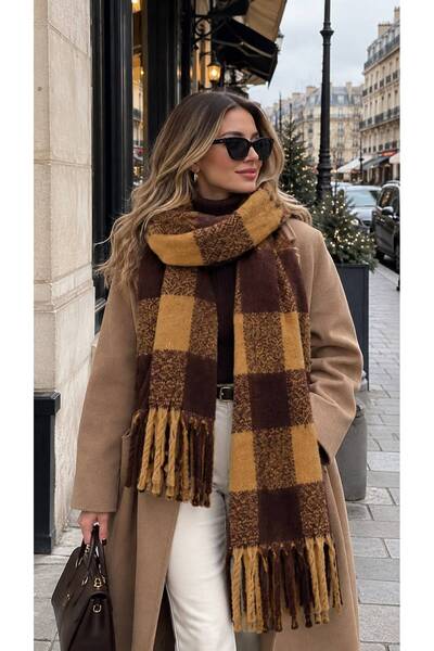 BALIENTE Coffee Plaid Patterned Soft Textured Tasseled Thick Scarf Shawl 210X...