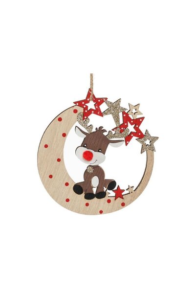 Jumbo Ornament din Lemn Brad de Craciun Luna Stele Cerb cu Glitter 10cm