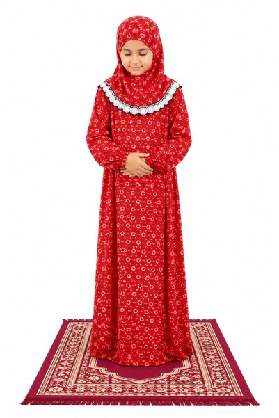 Linda Hijab Girls Red Floral One-Piece Prayer Dress with Attached Hijab – Mod...