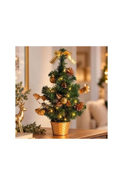 Jumbo Brad Decorativ de Craciun pentru Masa in Ghiveci Auriu cu 20 LED-uri - ...