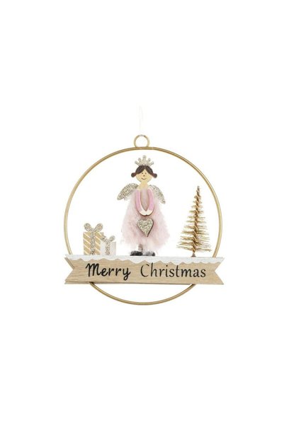 Jumbo Ornament Brad de Craciun Cerc Auriu din Lemn cu Inger Ø10cm