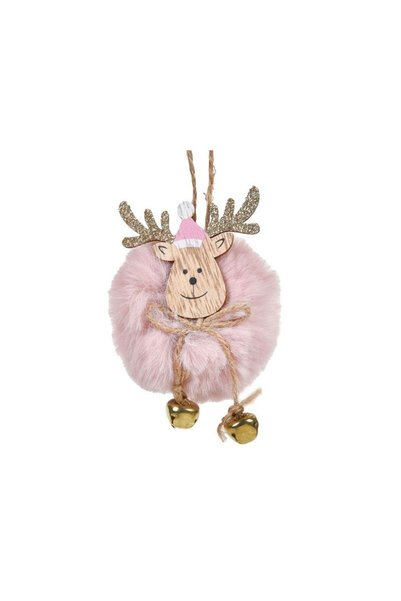 Jumbo Ornament Brad de Craciun Cerb din Lemn cu Blana Roz & Clopotele Ø8cm