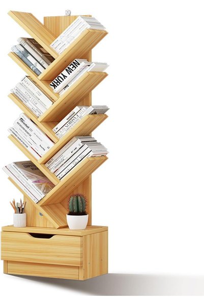 GENERAL 9-Tier Tree Bookshelf with Drawer, Wood Bookcase with Drawer, Modern ...
