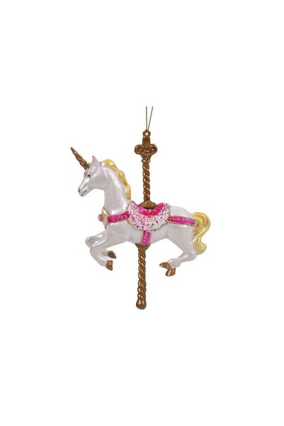 Jumbo Ornament Brad de Craciun Calut Carusel Alb Auriu cu Paiete Glitter 13x15cm