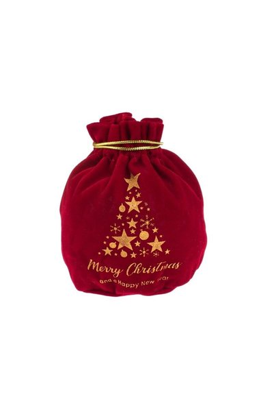 Jumbo Saculet Cadou de Craciun Rosu Catifelat cu Imagine Aurie din Folie 10x15cm