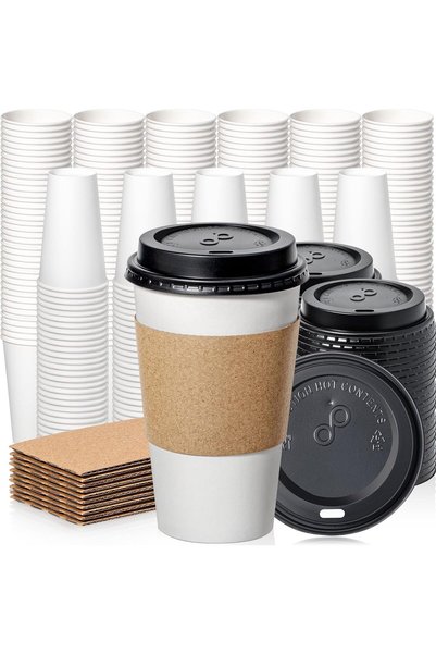 Generic 500 Pack 16 oz Disposable Coffee Cups with Lids, Sleeves, Leak-Proof ...