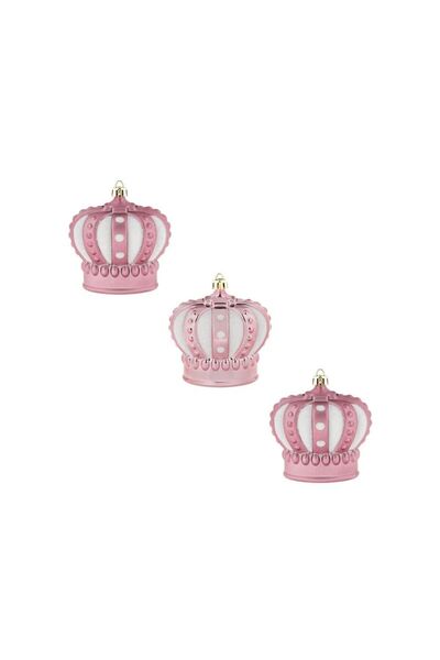 Jumbo Ornamente Brad de Craciun Corane Roz cu Glitter Alb 8cm - 3buc