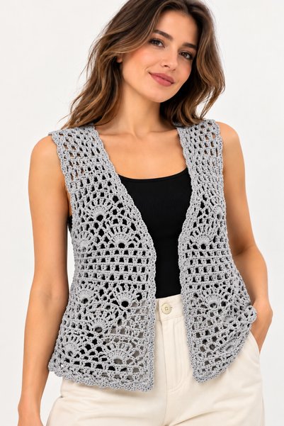 NEHOLİA Women's Light Mink Hand Knitted Open Front Crochet Vest with Openwork...