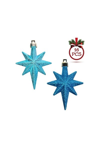 Jumbo Set ornamente de Craciun Stele Turcoaz Glitter 8cm - 16buc