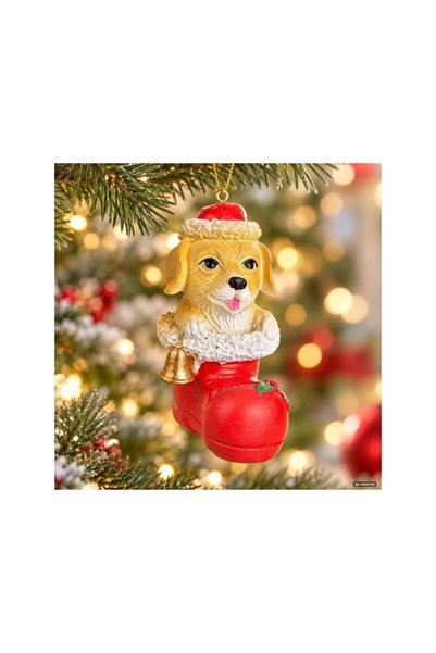 Jumbo Ornament de Brad din Polirasina in Forma de Catel in Cizma Rosie 10cm