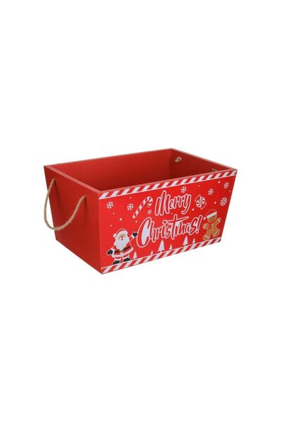 Jumbo Cosulet Cutie din Lemn Rosu de Craciun cu Manere Sfoara 30x20x15cm
