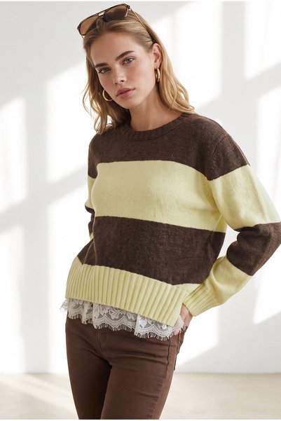 Olalook Women's Coffee Yellow Thick Striped Lace Detailed Knitwear Sweater Kz...
