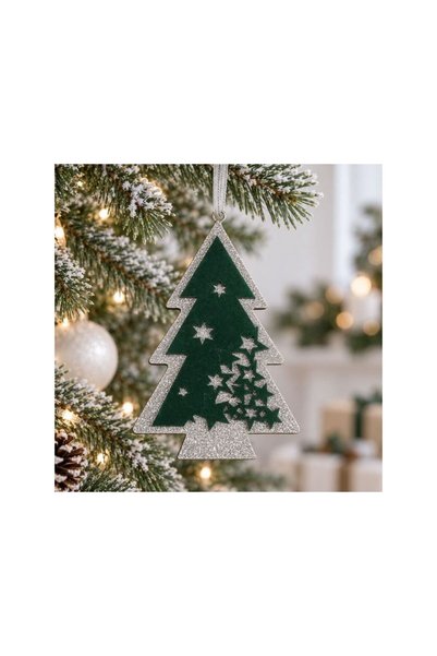 Jumbo Ornament Brad de Craciun din Lemn Verde Catifelat cu Glitter Argintiu 9...