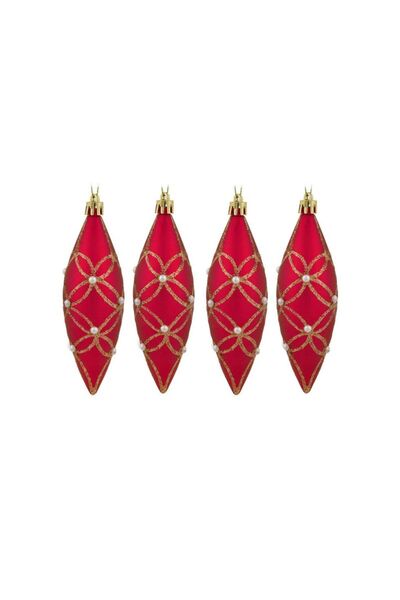 Jumbo Ornamente Brad de Craciun Rosii Mat cu Margele & Glitter 12cm - 4buc