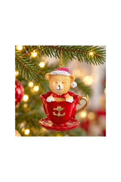 Jumbo Ornament de Brad din Polirasina in Forma de Ursulet in Ceasca Rosie 8,5cm