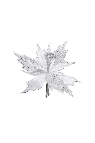 Jumbo Floare Decorativa de Craciun Alba Catifelata cu Clips & Glitter Arginti...