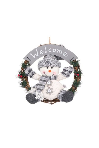 Jumbo Wooden Christmas Hanging Decoration Snowman Wreath Gray 30cm