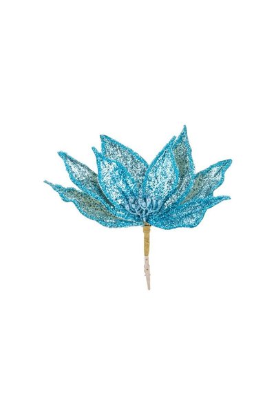 Jumbo Floare Decorativa de Craciun Bleu cu Glitter & Clips 26cm
