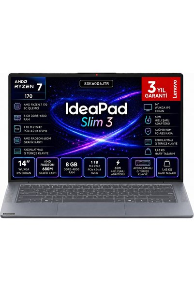 LENOVO IdeaPad Slim 3 AMD Ryzen 7 170 Cpu 8 GB 1 TB AMD Radeon 680 M Freedos ...