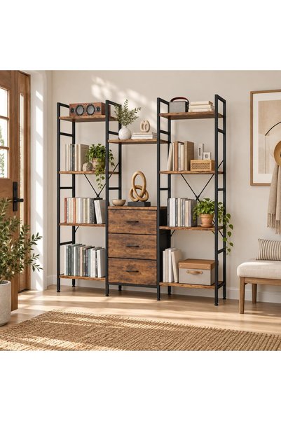Yanara Bookshelf with Drawers, Industrial Storage Shelf for Home Office