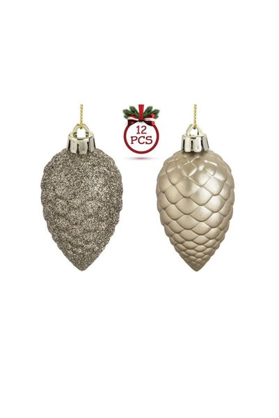 Jumbo Set Ornamente de Craciun Conuri Bej Mat Glitter 7cm - 12buc