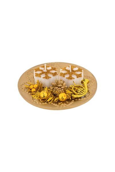 Jumbo Platou Decorativ cu 2 Lumanari Aurii Fulgi 13cm