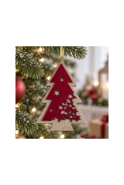 Jumbo Ornament Brad de Craciun din Lemn Rosu Catifelat cu Glitter Sampanie 9x...