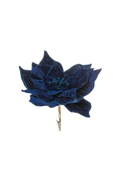 Jumbo Floare Decorativa de Craciun Albastra Catifelata cu Glitter & Clips 24cm