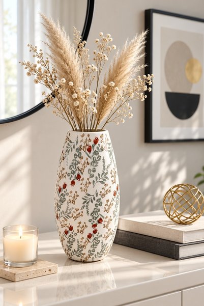 Generic Modern Ceramic Rose Vase with Floral and Plant Motifs (20cm Height) –...