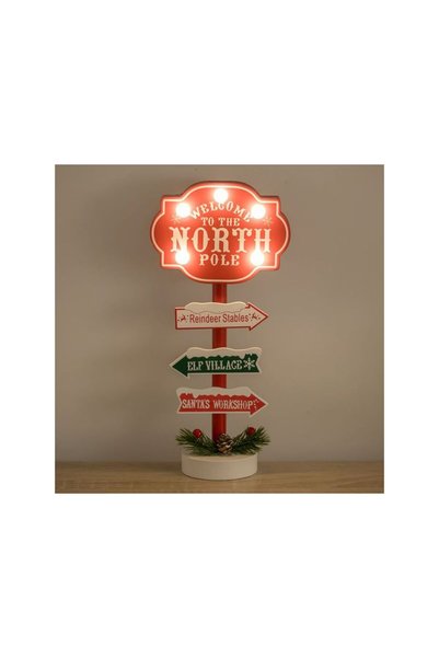 Jumbo Tabela Decorativa de Craciun din Lemn Rosie "North Pole" cu Funda & Lum...