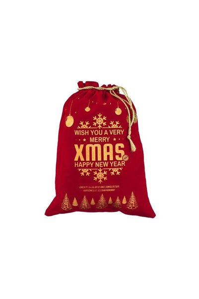 Jumbo Saculet Cadou de Craciun Rosu Catifelat cu Imagine din Folie Aurie 30x40cm