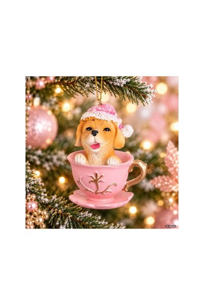 Jumbo Ornament de Brad din Polirasina in Forma de Catel in Ceasca Roz 9cm
