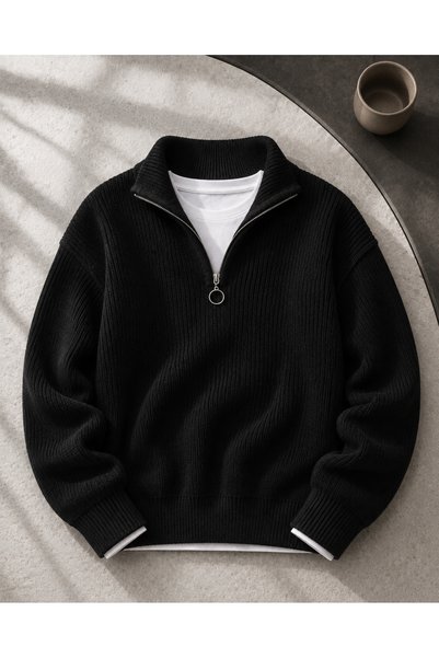 OTAKU Men's Half-Zipper Stand Collar Ribbed Knit Sweater