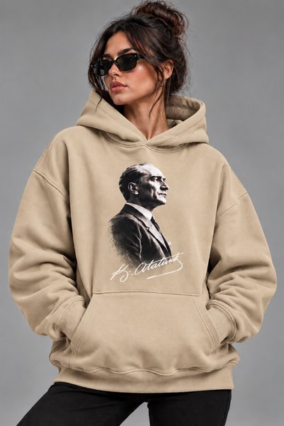 ENB1R MODA هودي كبير الحجم مطبوع عليه ATATURK مع جيب الكنغر، سميك وعالي الجود...