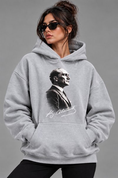 ENB1R MODA هودي كبير الحجم مطبوع عليه ATATURK مع جيب الكنغر، سميك وعالي الجود...