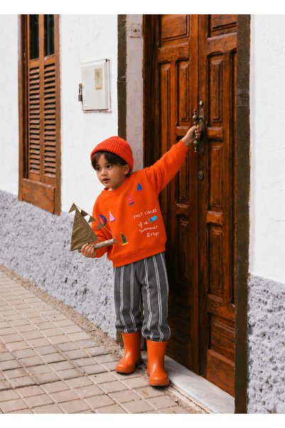 LuccoKids Unisex Summer Trip Yelkenli Baskılı Turuncu Sweatshirt & Çizgili An...