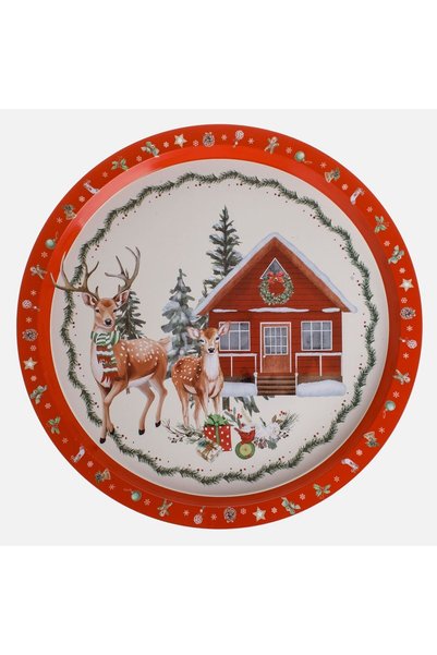 OEM Tava de Craciun Metalica Ecru Rosu Casa Reni Ø32cm