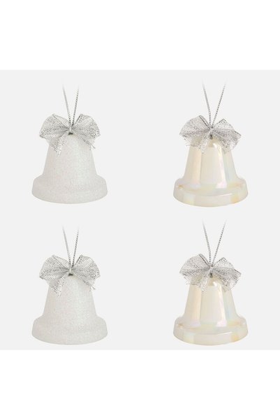 OEM Christmas Ornament Set White Bells Iridescent Glitter 6cm - 4pcs