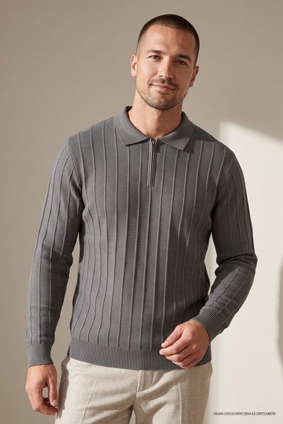 Maccali Anthracite Men's Ribbed Detailed Zippered Polo Collar Knit Sweater