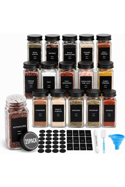 Generic 25 Spice Jars with 48 Labels- Glass Spice Jars with Black Metal Caps,...