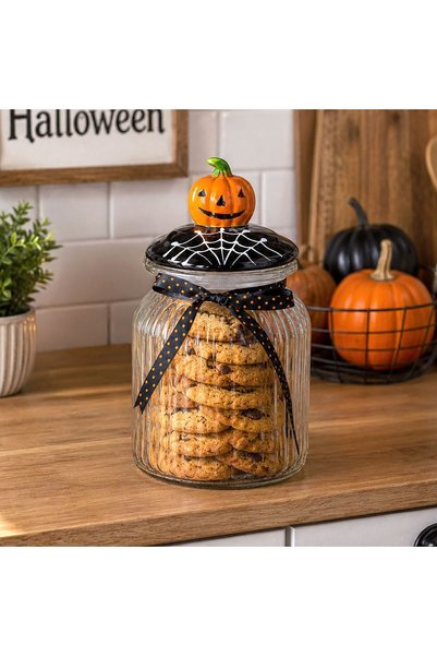 OEM Halloween Pumpkin Glass Cookie Jar with Lid 900ml