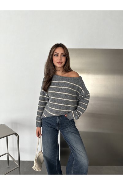 Budan Export Women's Striped Boat Neck Soft Jazz Oversize Knitwear Sweater