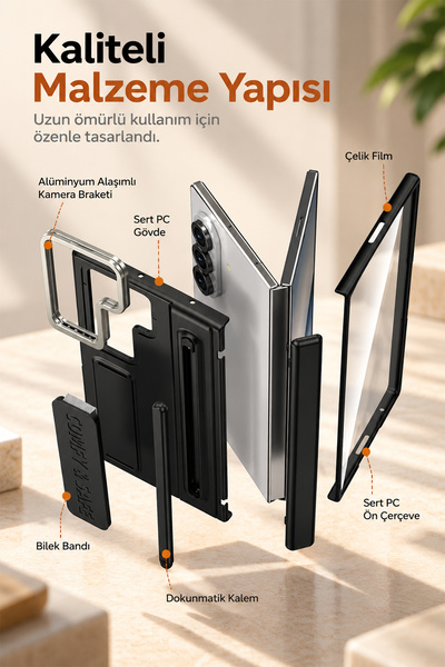 bbtech Samsung Galaxy Z Fold 8 Ultra ile Uyumlu MagSafe Manyetik Özellikli Standlı Entegre Kalem ve Ekran Koruyuculu Premium Kılıf