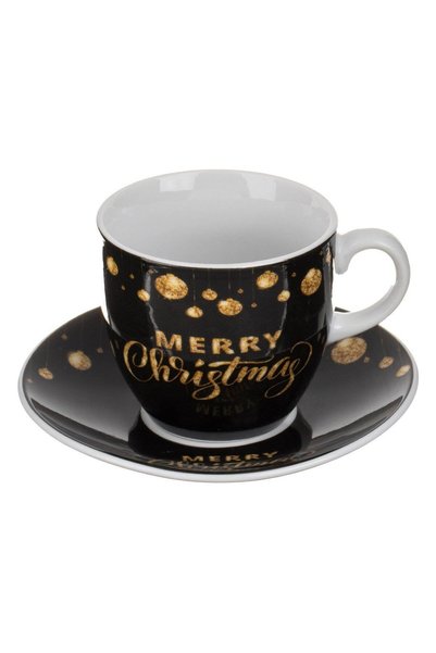 OEM Set Ceasca de Portelan Negru cu Globuri Aurii "Merry Christmas" & Farfuri...