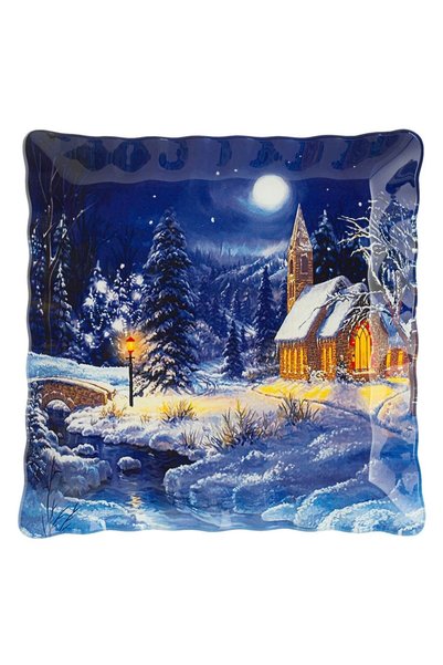 OEM Farfurie de Craciun din Sticla Noapte Albastra 25x25cm
